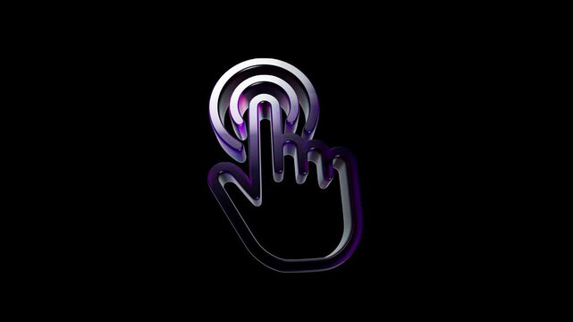 Shiny metallic hand cursor icon showing a double tap touch gesture on a dark background 3D Icon