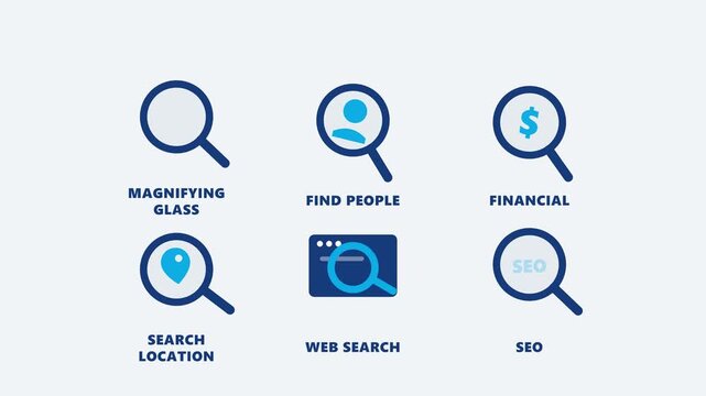 Collection of flat vector magnifying glass icons representing diverse search functions for digital interfaces and data analysis