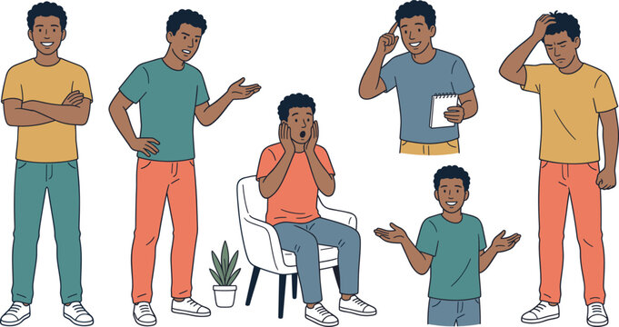 Young man character poses set with different emotions and gestures standing sitting sad surprised flat vector illustration.