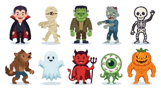 Halloween Monsters Collection &ndash; vampire, mummy, Frankenstein, zombie, skeleton, werewolf, ghost, devil, monster eye, pumpkin monster, cohesive flat vector style. white background 

