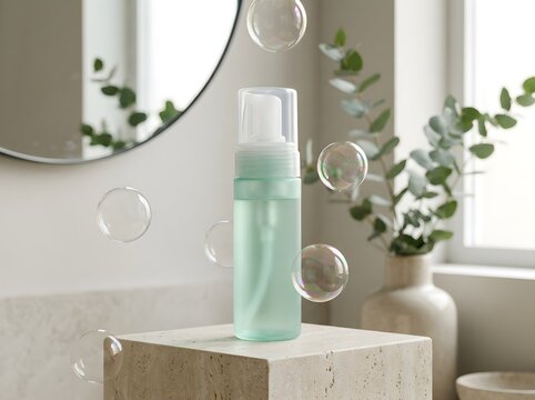 Foaming soap dispenser bottle on a stone pedestal with floating bubbles