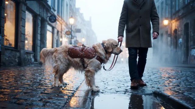 Golden Retriever guide dog walking with its owner on a misty cobblestone street at dusk. Scenic city walk, highlighting the bond and partnership between a trained service dog and its companion.