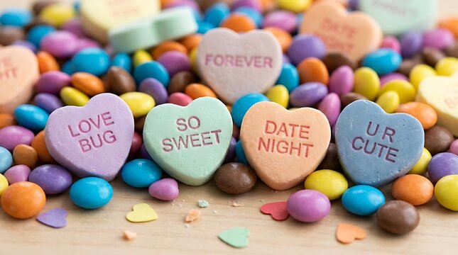 Colorful candy hearts with romantic messages in bowl surrounded by pastel sweets symbolizing love and affection