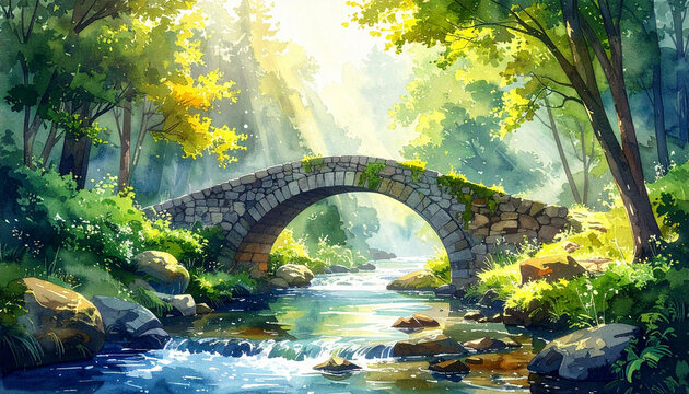 A stone arched bridge over a sparkling mountain stream