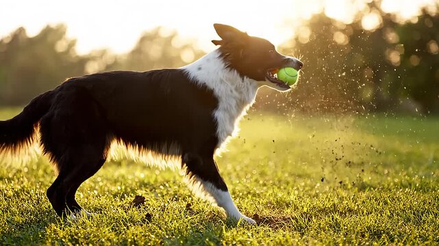 Energetic Border Collie playing with a ball in a sunlit meadow during golden hour. A high speed action sequence capturing the lively spirit and agility of a working dog breed in nature.