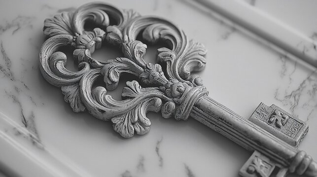 Ornate silver key on marble; success, security