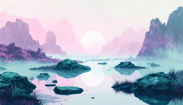 Minimalist misty alien swamp landscape with floating rocks