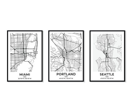 Set of 3 minimalist black and white US city map prints. Featuring Miami, Portland, and Seattle. Modern USA travel poster wall art with coordinates.