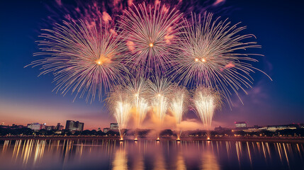 Fototapeta premium 夜の都市 waterfront に打ち上がる花火大会、夏祭りや観光イベントに使える華やかな夜景背景素材