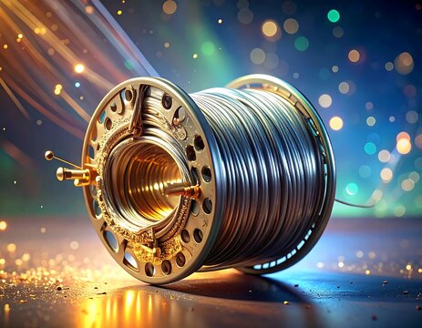 Shiny Metallic Wire Spool Resting on Reflective Surface in Glowing Studio Setting