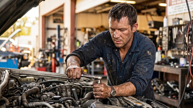 Auto mechanic repairs car in open garage, drenched in sweat. Skilled auto mechanic repairs engine, hands grimy, focused on vehicle systems. 