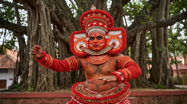 Traditional Kerala Theyyam Performer in Red Ritual Costume