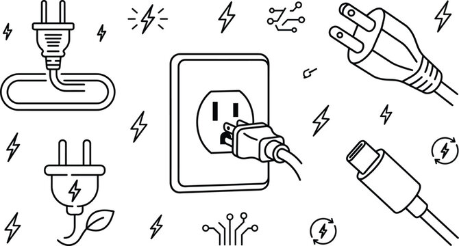 Electric plug line art vector icons set with wall outlet usb type c connector and power elements
