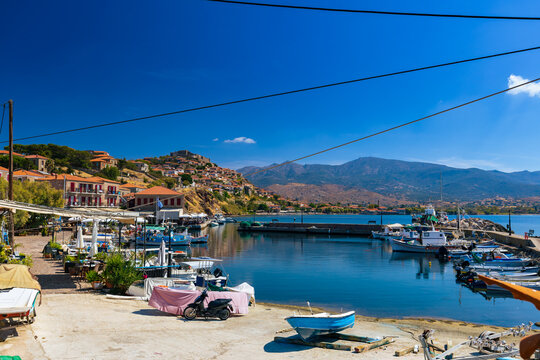 Charming street in the picturesque village of Molivos (Mithymna) on the Greek island of Lesbos, background or wallpaper