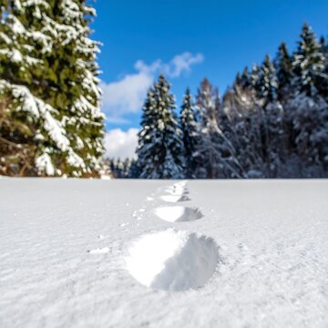 Fresh Animal Footprints Crossing Snowy Forest Clearing Under Blue Winter Sky