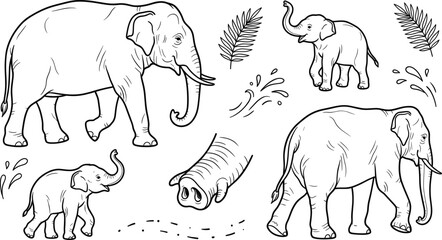 Elephant wildlife line art vector icons set with african safari animals calves trunks and tropical leaves © MstBabli