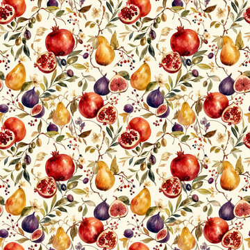 Watercolor Harvest Fruit Seamless Pattern PNG,
Apple Pear and Pomegranate Repeat on Cream 
Background for Fabric Wallpaper 
and Autumn Kitchen Design
