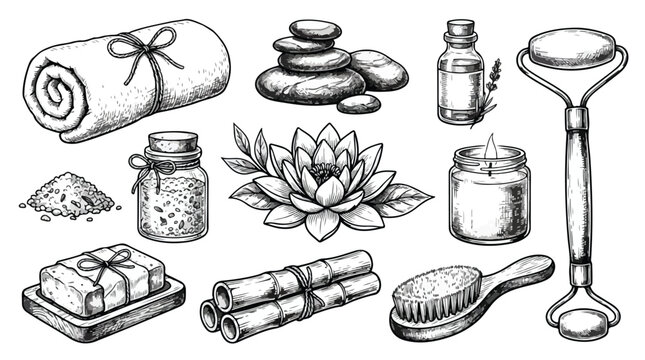 Vintage hand drawn spa and wellness collection, black and white sketch of beauty treatment elements, 11 vector icons for aromatherapy and massage
