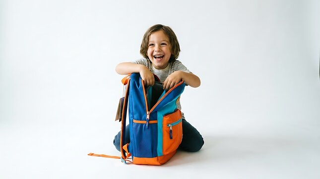 Joyful young boy with long hair laughing while packing a colorful backpack for school on a white background