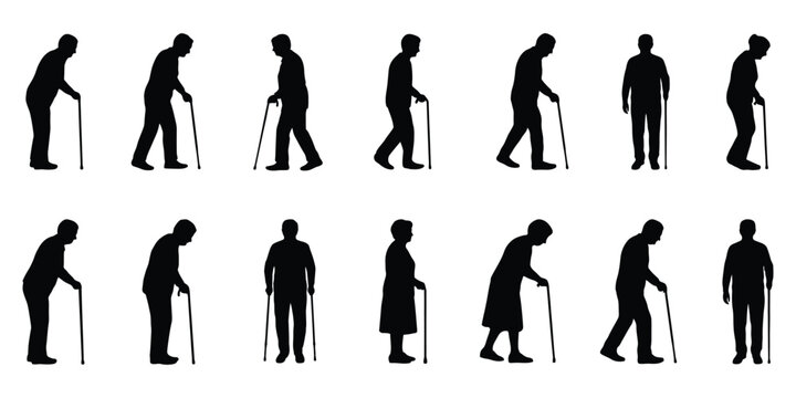 Silhouettes of elderly people walking with canes in various poses and movements on white background