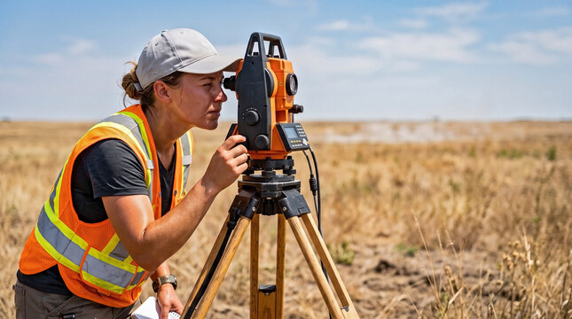 Female land surveyor operates modern surveying equipment on a tripod in a vast open field under blazing sun. Professional land surveyor meticulously measures topography