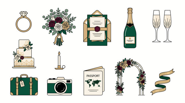 Elegant wedding and honeymoon destination icon set with emerald green and gold colors, floral bouquet, marriage invitation, ring, champagne, passport, and suitcase illustration vector
