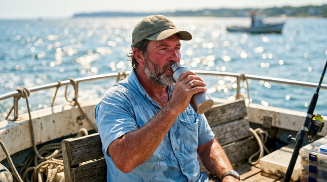 Lone fisherman on small boat staying hydrated during intense midday summer heat. Bearded lone fisherman wears cap, light shirt, enjoying cool drink on sparkling ocean.
