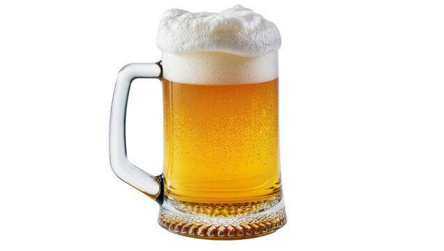 Frothy amber beer in a glass mug with condensation, isolated on transparent background