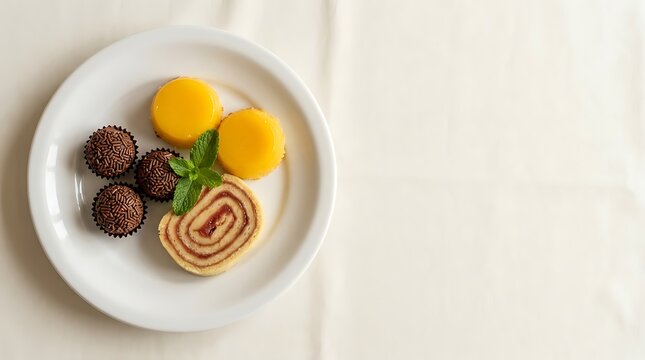 Assortment of Brazilian Brigadeiros, Quindim, and Rocambole cake slice with mint garnish on a white plate
