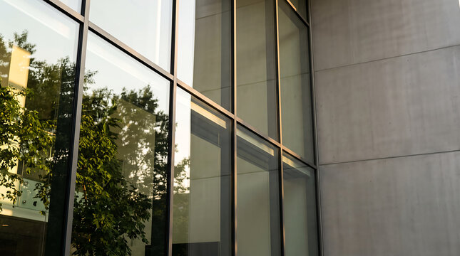 Modern glass office building facade reflecting green trees during golden hour