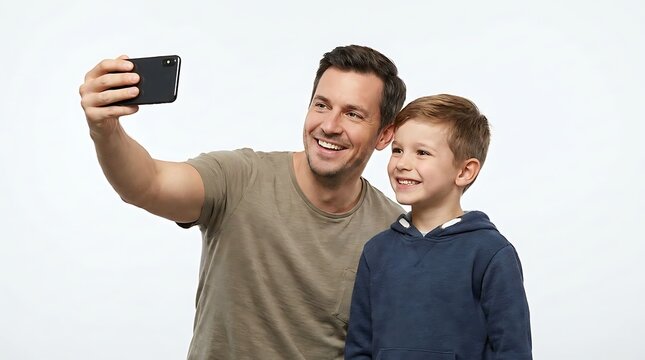 Father and son smiling and taking a selfie with a smartphone on a white background