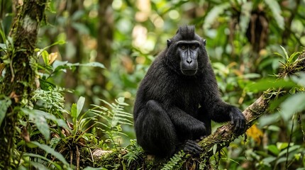 Obraz premium A solitary Crested Macaque, a primate species native to Indonesia, sits perched on a moss-covered branch within the lush, verdant, and humid rainforest canopy, showcasing its dark fur