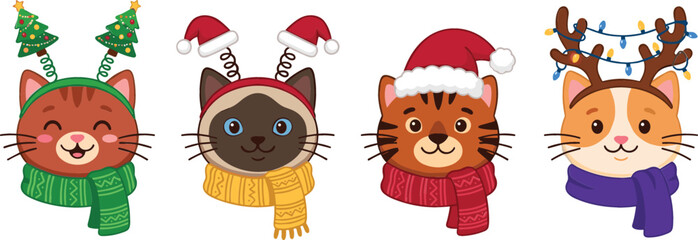 Cute Christmas cats vector illustration set featuring adorable kittens wearing santa hats reindeer antlers tree headbands and warm winter scarves isolated on white background. © Rumi