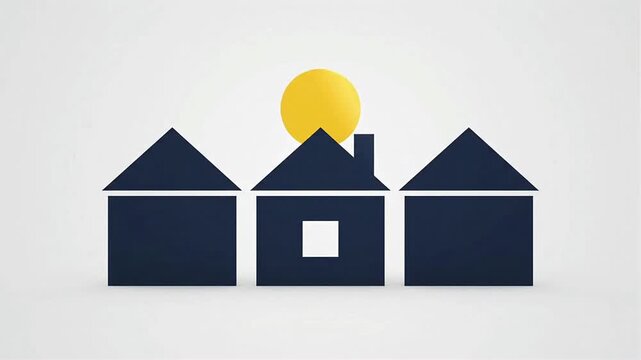 Minimalist real estate animation of three houses with rising sun