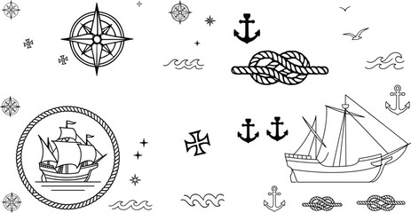 Nautical maritime old sailing ship line art vector icons set with compass rose anchors rope and waves © MstBabli
