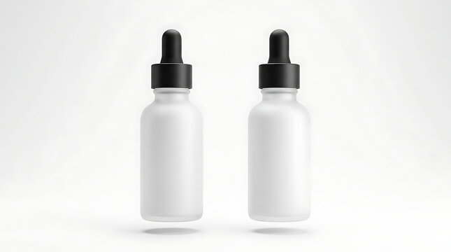 Two empty droper bottles stand side by side on a matte surface