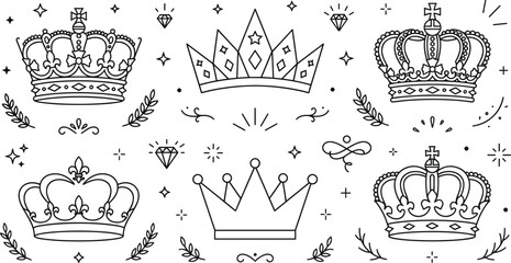 Royal crown line art vector icons set with monarch king queen tiara diamonds and heraldic laurels © MstBabli
