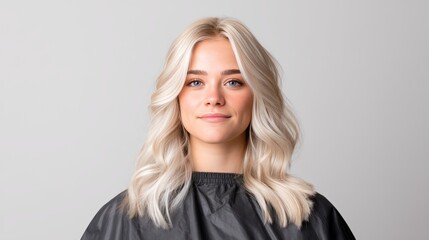 Fototapeta premium A young woman with long, wavy platinum blonde hair and blue eyes looks confidently ahead against a neutral gray background.