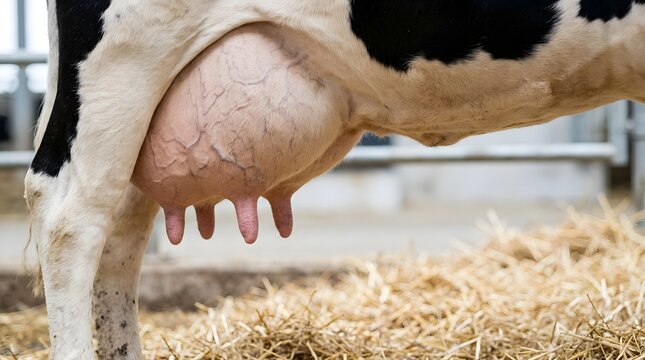Close up of a large udder with prominent veins on a Holstein Friesian dairy cow standing inside a stable barn