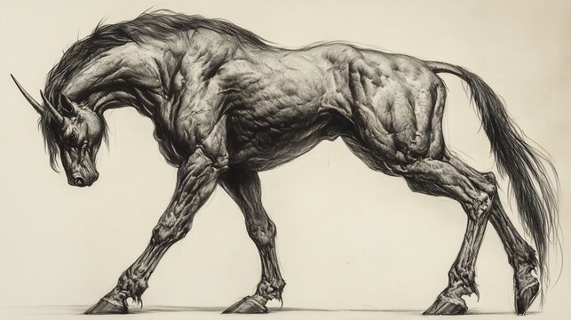 A gaunt, skeletal unicorn stands; a fantastical, dark creature. Fine line art