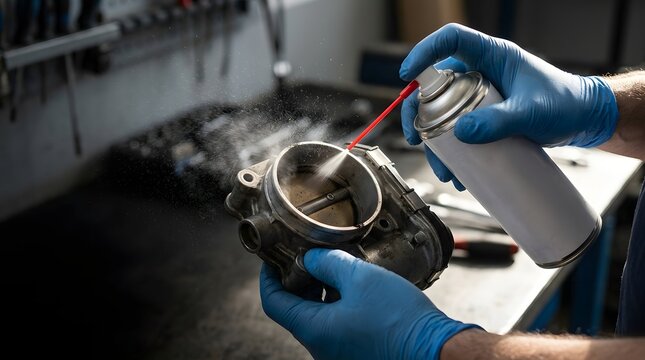 Mechanic hands wearing blue nitrile gloves spraying aerosol cleaner to wash dirty car throttle body valve part in garage workshop