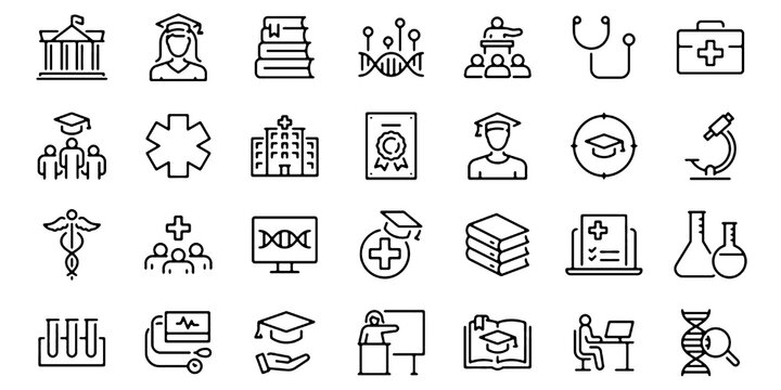 Medical Education and Healthcare Line Icons Set Editable Vector Illustration Isolated on Transparent Background