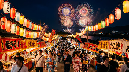 Obraz premium Vibrant Japanese Festival Crowd Under Colorful Lanterns and Fireworks