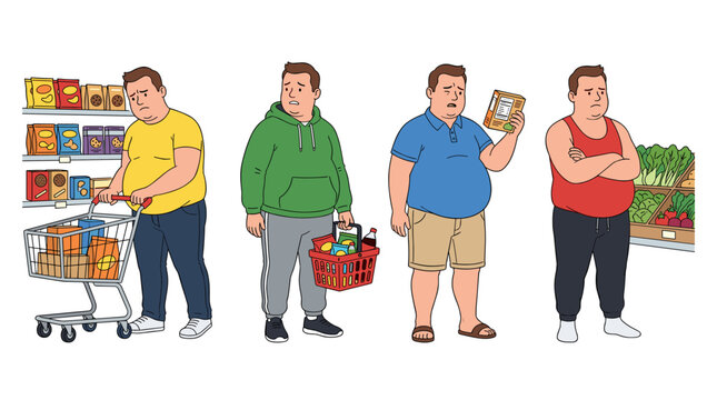 Group of overweight men in a grocery store aisle, shopping for food and groceries, representing consumerism and unhealthy lifestyle choices
