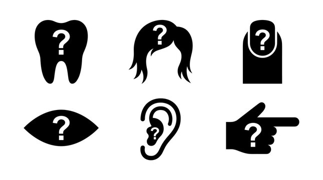 Set of black human body part icons with question marks including tooth, hair, finger, eye, ear, and hand pointing, representing medical inquiries or