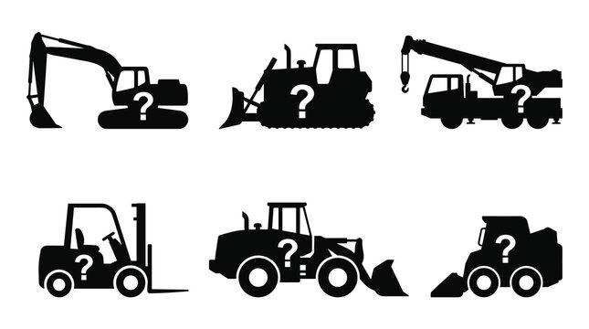 Set of construction vehicle silhouettes, including excavator, bulldozer, crane, forklift, loader, and backhoe, each with a question mark symbol