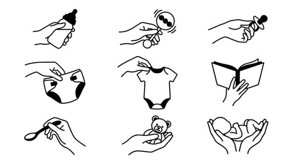 Fototapeta premium Set of nine hand-drawn icons depicting baby care and nurturing activities, including feeding, playing, dressing, and holding, in a simple line art