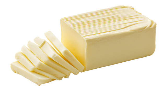 A block of butter with slices cut off on a transparent background for cooking and baking purposes always fresh