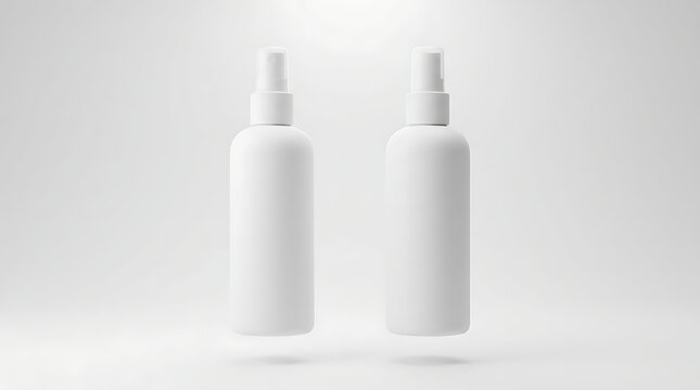 Minimalist scene features two white spray bottles on a clean surface