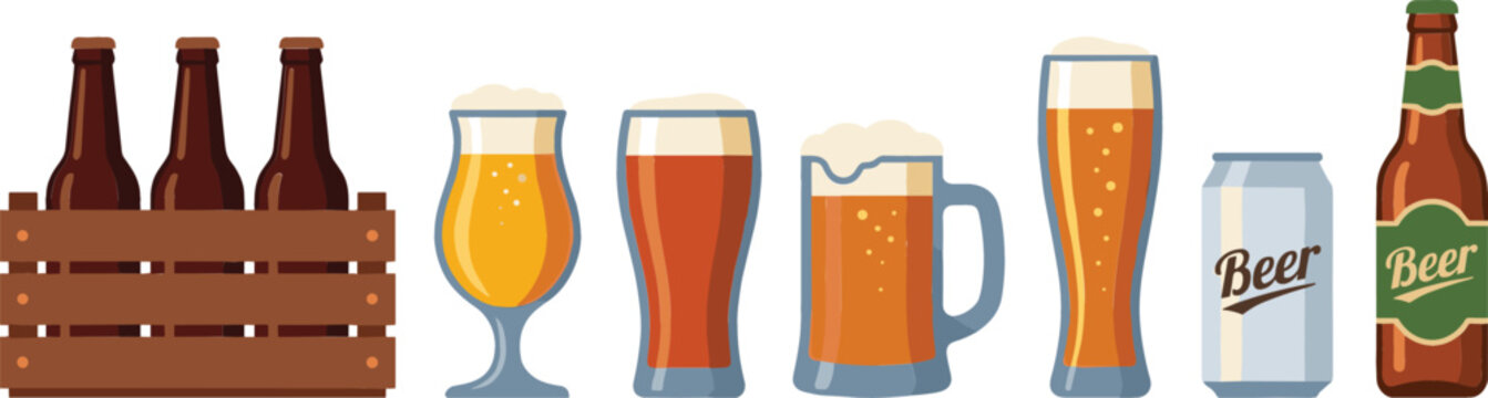 Comprehensive craft beer vector icon set featuring a wooden crate with brown bottles variety of filled beer glasses mug aluminum can isolated on white background.
